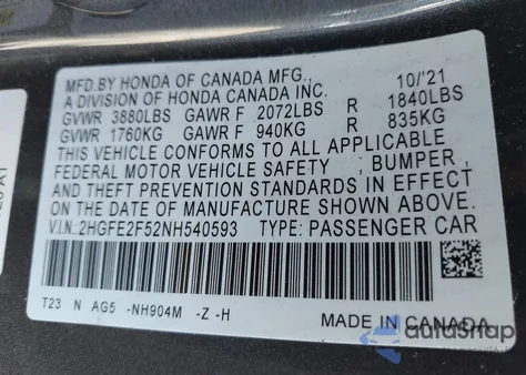 2022 Honda Civic Sport from USA, damaged, VIN 2HGFE2F52NH540593